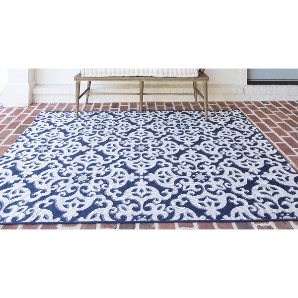 Canora Grey Shackelford Damask Flatweave Navy Blue Indoor/Outdoor Area